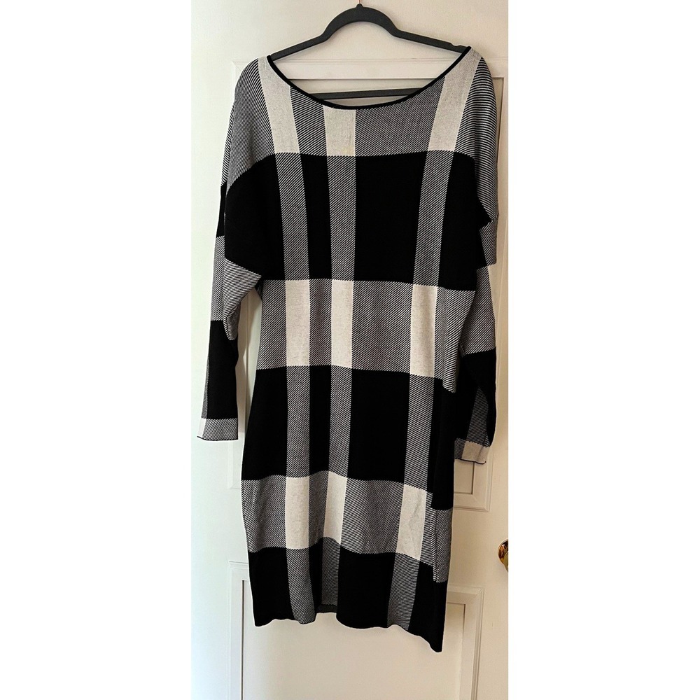 New York & Company Women's XL Black Gray White Plaid Boat Neck Sweater Dress